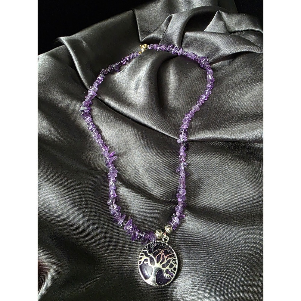 Amethyst Tree Of Life Silver Plated Pendant Healing Stone Necklace